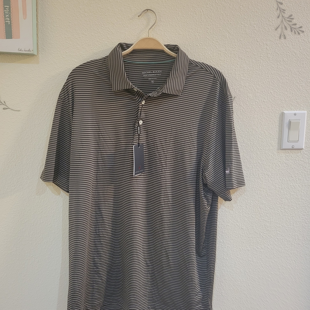Michel Rouen Men's Striped Performance Polo Shirt - Black and Grey -  Size XL
